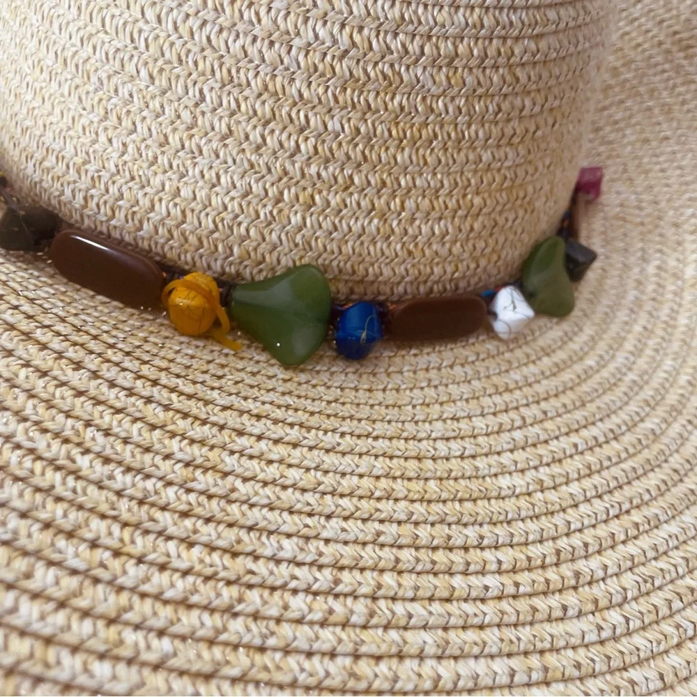 Bohemian Large straw hat with beading detailing with chin strap and bow tie